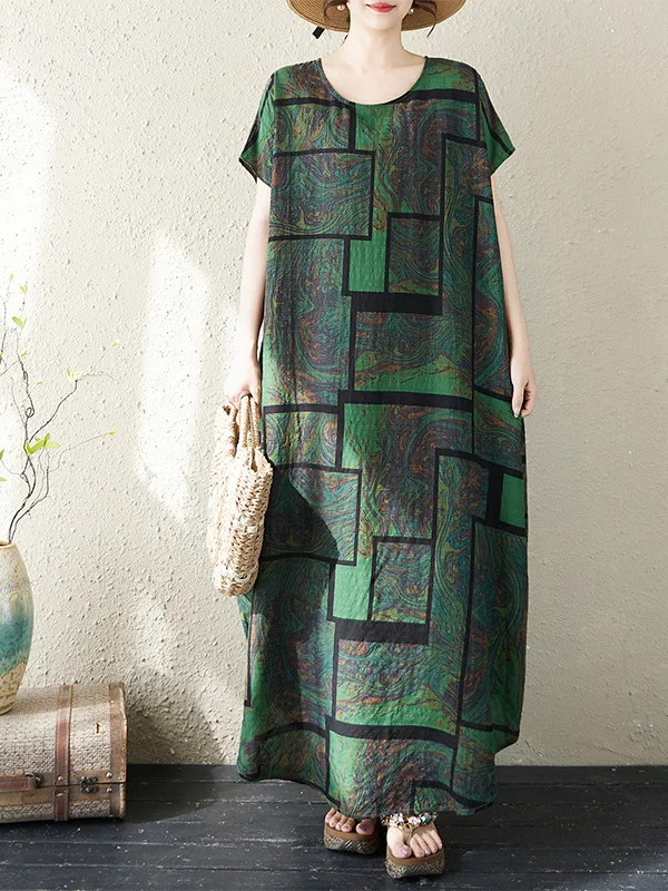 

Summer Vacation Cotton Linen Blend Thin round Neck Travel Dress Knee-Length Geometric Pattern Skin-Friendly Loose Fit Dress