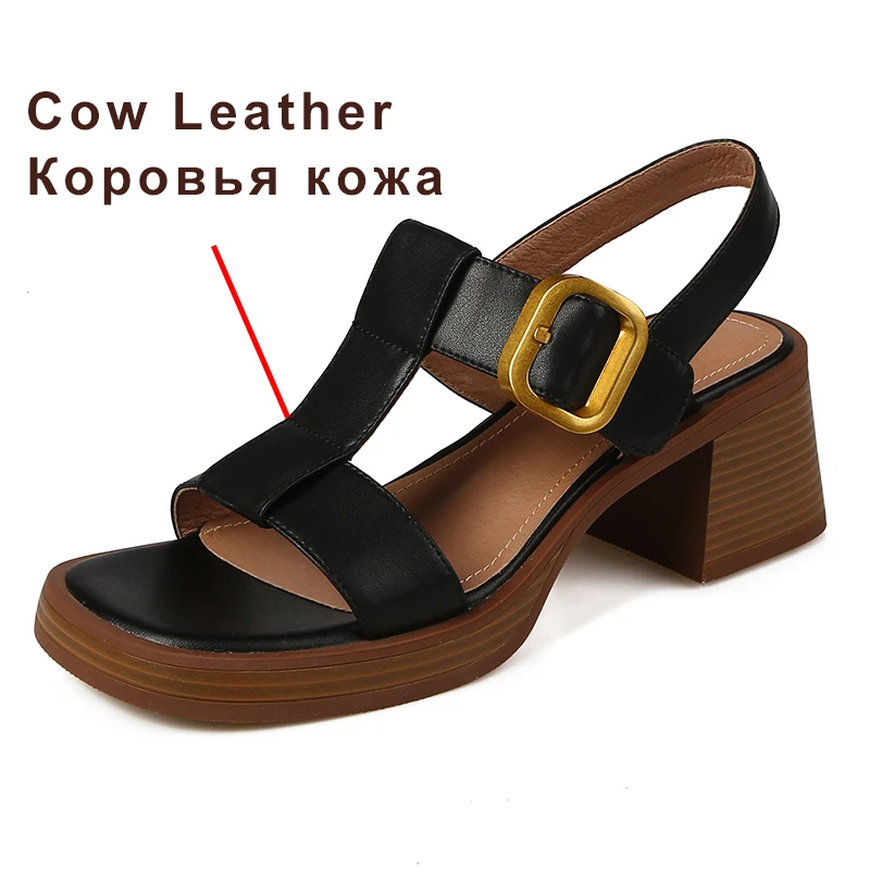 Brand Genuine Cow Leather Sandals Block Mid Heels Women Roma Sandals Open Toe Retro Buckle Sandals Ankle Strap 2023 Trend