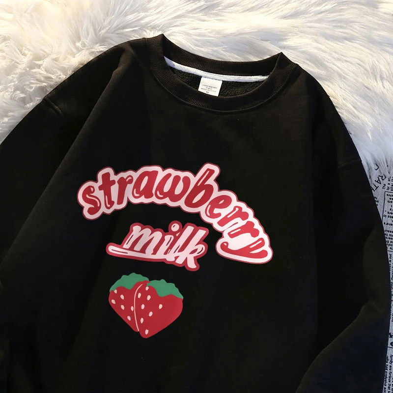Stawberry-Sudadera de lana con estampado de leche para mujer, Camisa de cuello redondo, ropa de gran tamaño, Hip Hop, otoño