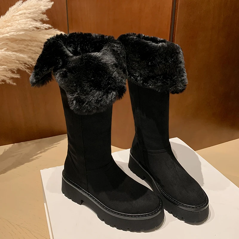 MORAZORA Cow Suede Leather Boots Women Slip On Wool Warm Winter Knee High Boots Handmade Ladies Platform Snow Boots Shoes