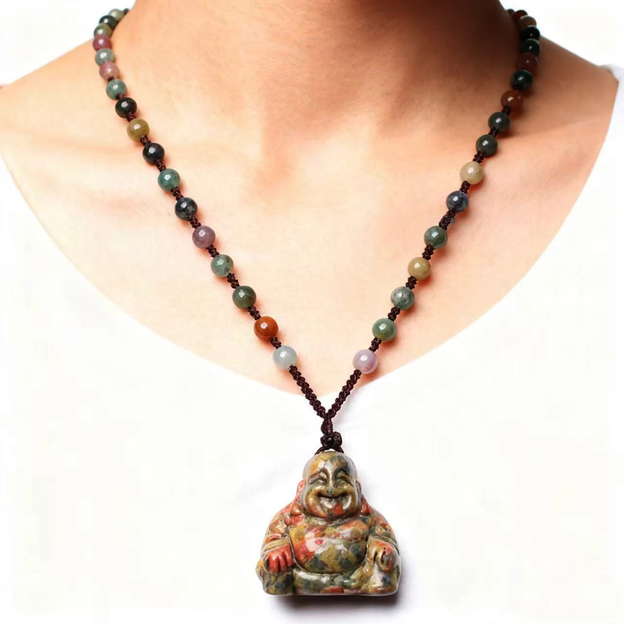 

Цельный натуральный драгоценный камень унакит, кристалл, смех, Будда, резьба, ожерелье, кулон с цепочкой из натурального агата