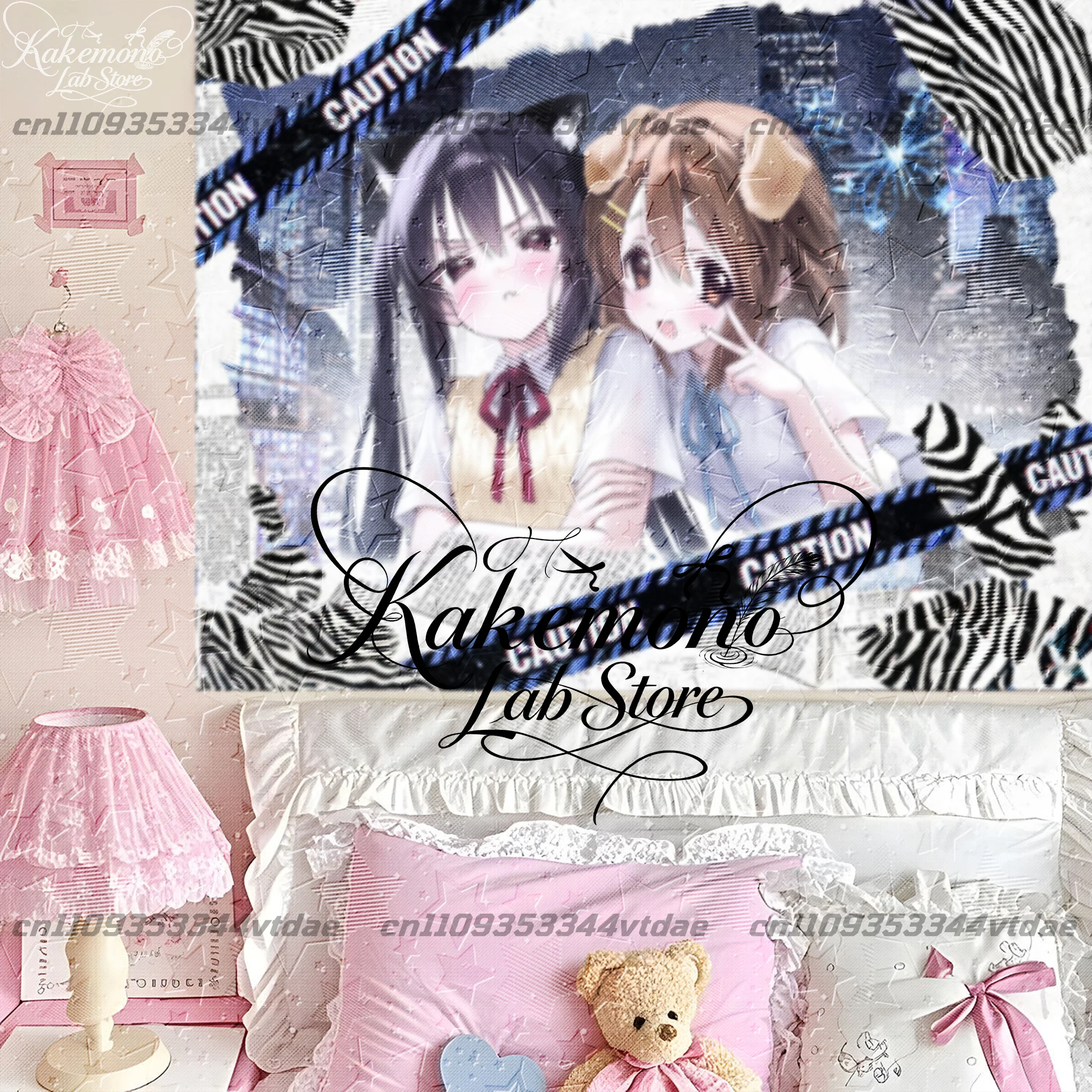 Vintage Dark Lolita Two Anime Girl Tapestry, Street Punk Zebra Print Caution Tape Wall Hanging Grunge Style Bedroom Decoration