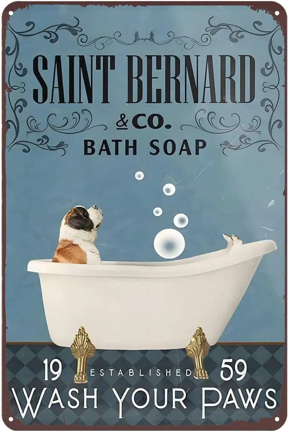 Fun Metal Poster Saint Bernard Dog Bath Soap Company Tin Sign Bathroom Sign For Home Kitchen Bar Cafe Farm Club Cave Wall Decor