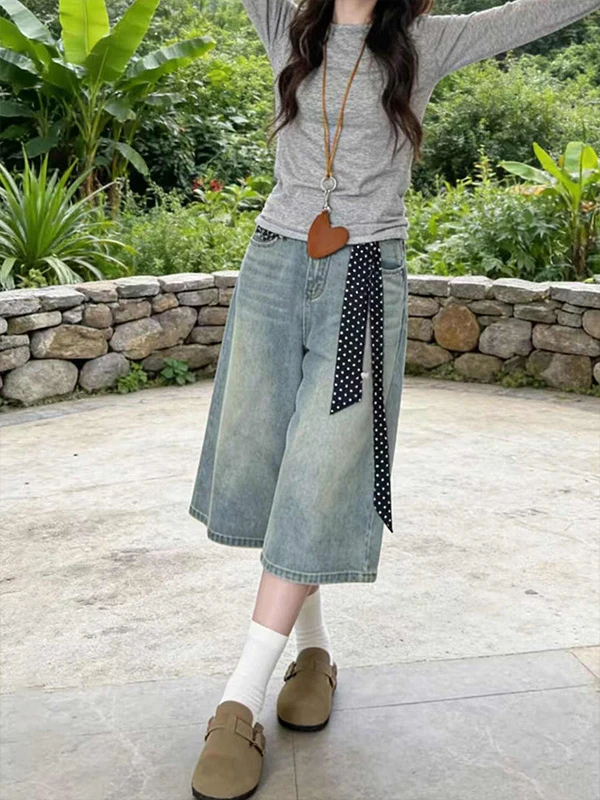 American Style High Waist Loose Fit Light Blue Denim Shorts Women's Summer New Wide Leg Jeans Casual Straight Tube Shorts