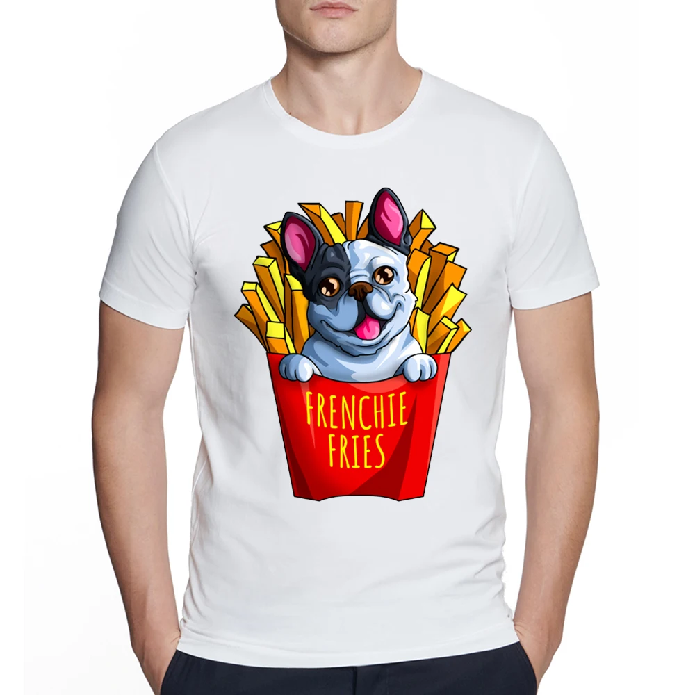 New Summer Men Short Sleeve Frenchie Fries Fanatics Funny French Bulldog Print T-Shirt White Casual Top Hip Hop Dog Cool Boy Tee