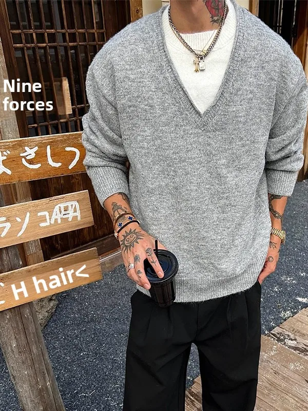 

Retro Lazy Sle Fake Two-Piece Knitted Sweater Men's Casual Warm Commuter Sle Couple's Sweater Long Sve round Ne