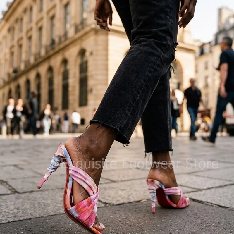 

Colorful Tie Dye Satin Women Sandals Sexy Open Toe Cross Strap Stiletto High Heels Summer Party Dress Mules Fashion Plus Size
