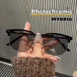 Fashion Trend Color Changing Photochromic Myopia Glasses Women Vintage Short Sight Eyeglasses Prescription Minus Diopter Eyewear