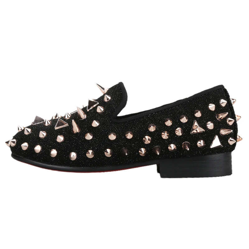 Piergitar Black/Gold Suede With Rose Gold Rivets Children Loafers For Birthday Red Color Sole Slip-On Toddler And Big Kid Flats