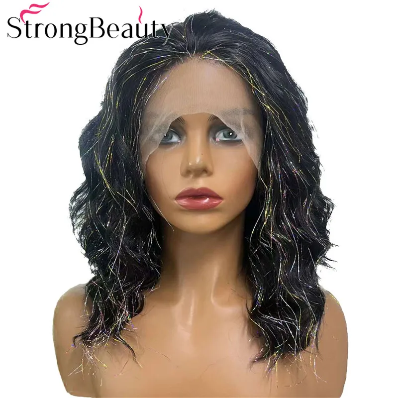 StrongBeauty Lace Front Synthetic Black Wigs with Laser sparkle Gold Glitter Bling Hair for Women Costume Party Halloween Cospla