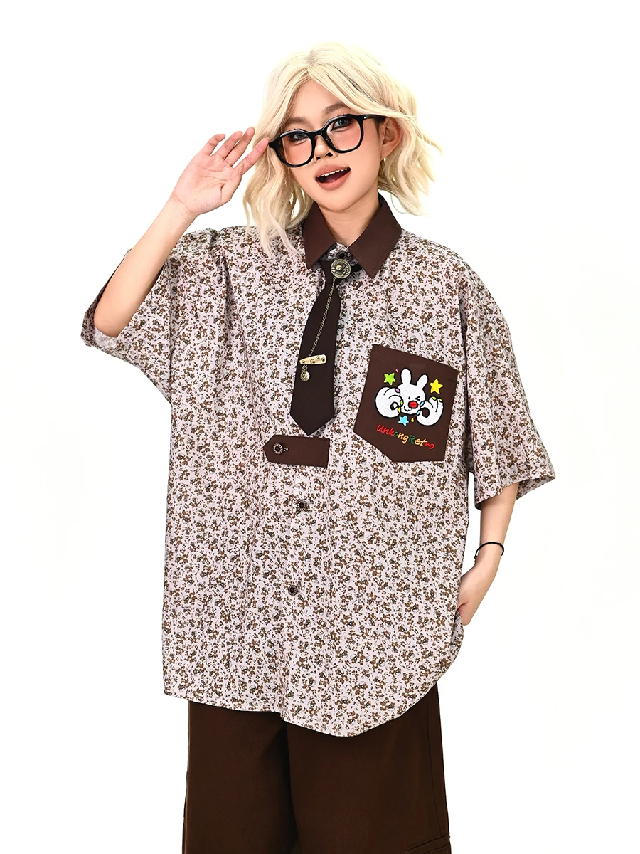 

Floral Tie ort Sve Loose Women's irt Summer 2026 New Sle American Street BF Couple Top Faionable Casual irt