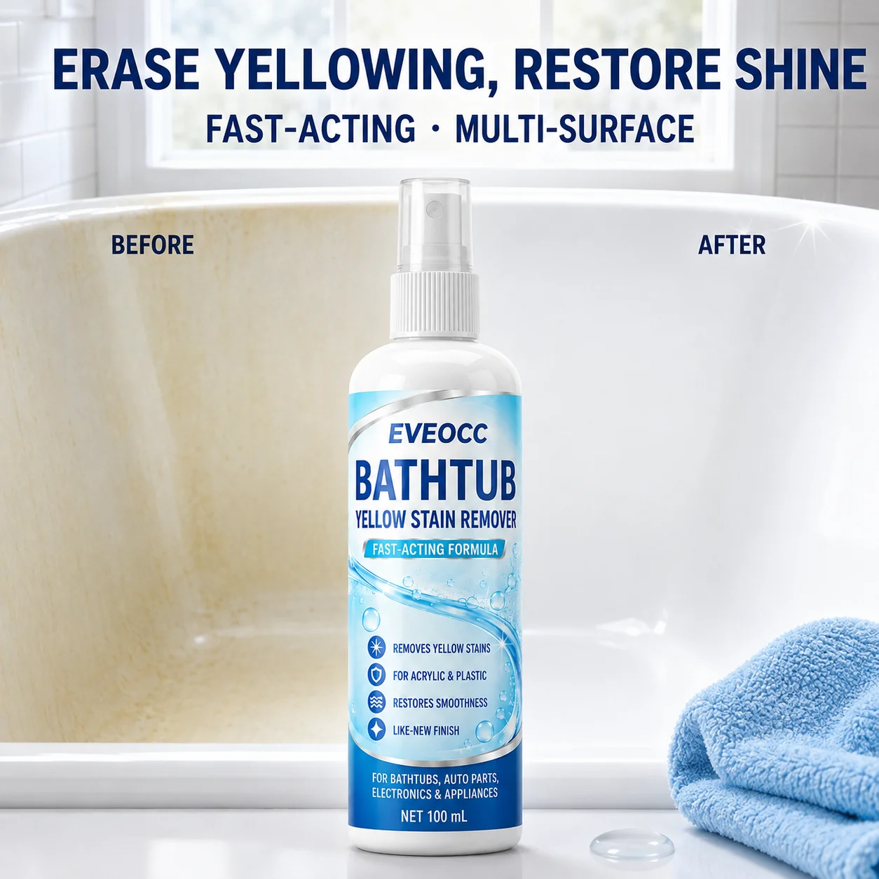 Bathtub Yellow Stain Cleaner Spray, Plastic Yellowing Restorer, Renews Acrylic, Auto Parts, Electronics & Household Surfaces
