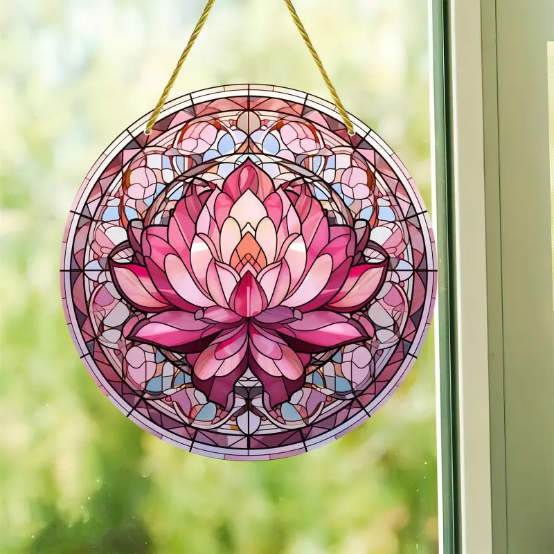 Flower Lotus Stained Suncatcher Window Acrylic Panel Home Living Room Decoration Retro Wall Hanging Pendant Garden Yard Ornament