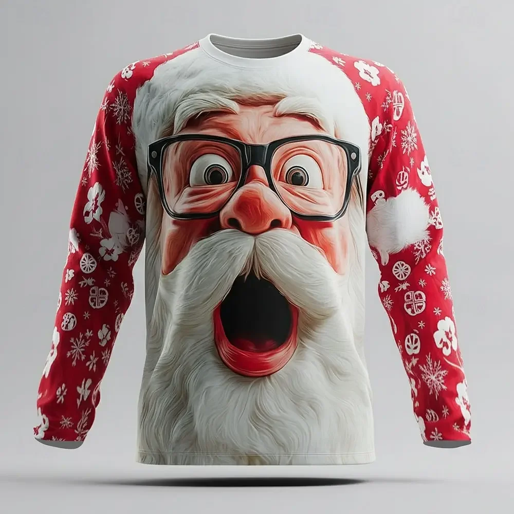 Funny 3D Santa Big Face Printed Long Sleeve T-shirt for Men Christmas Snowflake Graphic Crew Neck Tops  Party Costume Tees