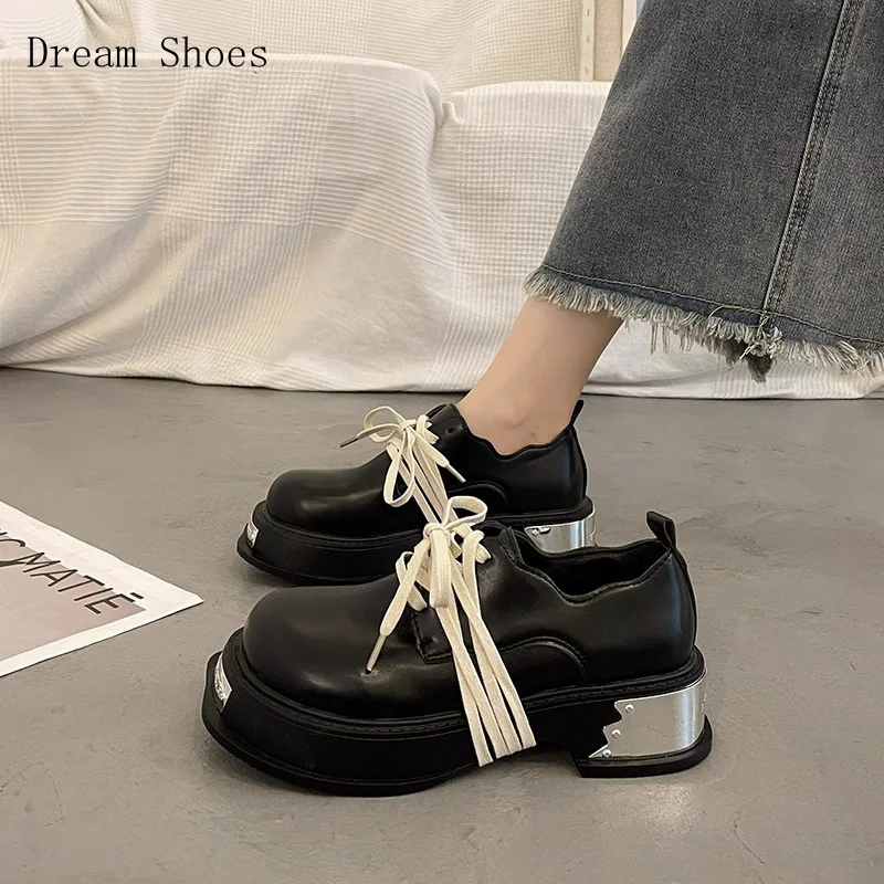 

Женские кожаные туфли на толстой подошве во французском британском стиле 5 см, дизайнерские весенне-осенние новые черные лоферы