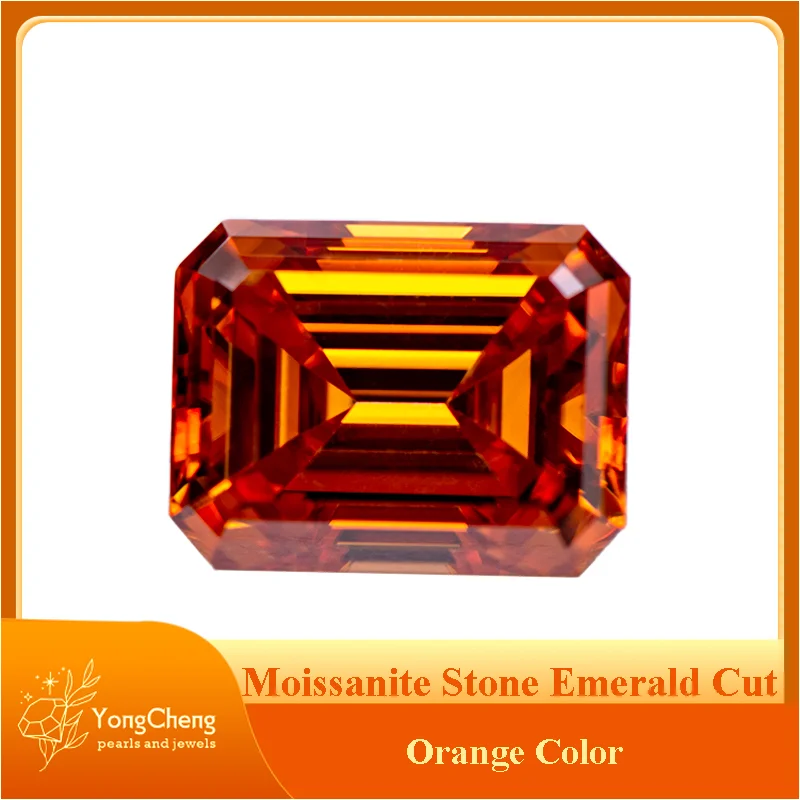 

Moissanite Stone Orange Color Emerald Cut Lab Grown Diamond Charms Ring Necklace Earrings Main Materials GRA Certificate