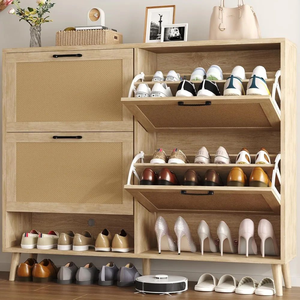 

Shoe Storage Cabinet with 4 Flip Drawers, Freestanding Hidden Shoe Organizer with Wood Legs , Farmhouse Rattan Shoe Rack