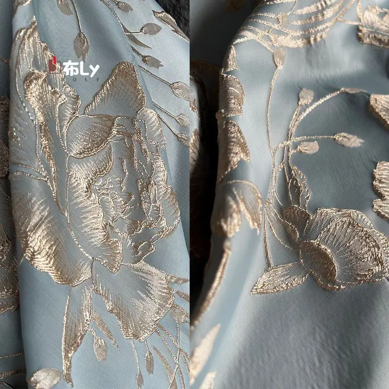clear water blue relief gold silk jacquard fabric three-dimensional silhouette sofa cover bag jacket clothing design fabric