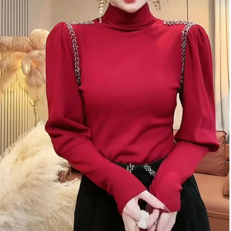 Autumn Winter New Women\'s Solid Color Turtleneck Diamonds Folds Puff Sleeve Fashion Elegant Casual Versatile T-shirt Tops