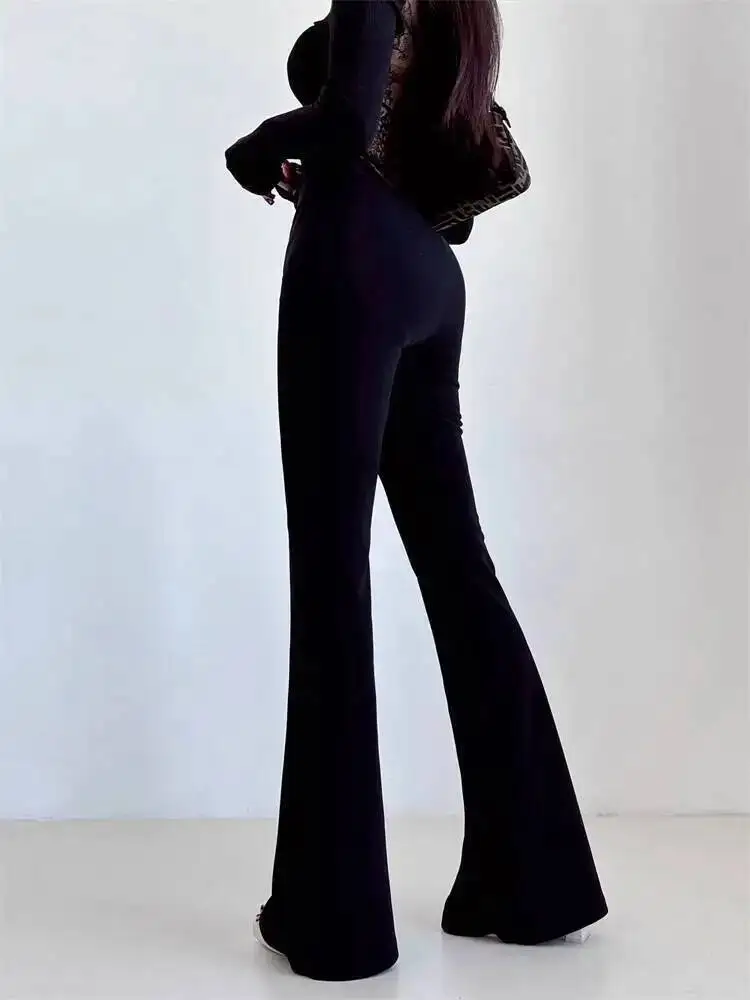 ارتفاع الخصر ضئيلة الطابق المعانقة مستقيم الساق طول متوهج قليلا السراويل بلون الحد الأدنى السراويل أزياء النساء LZD1