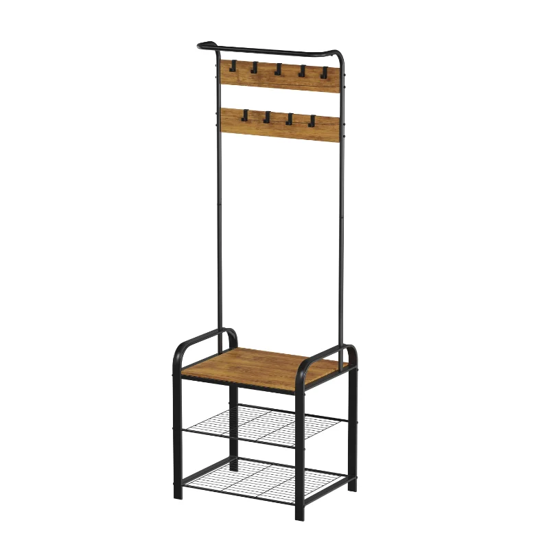 

Home Entryway Bench with Coat Rack – Metal Hall Tree with Seat, Hooks, and Shoe Storage
