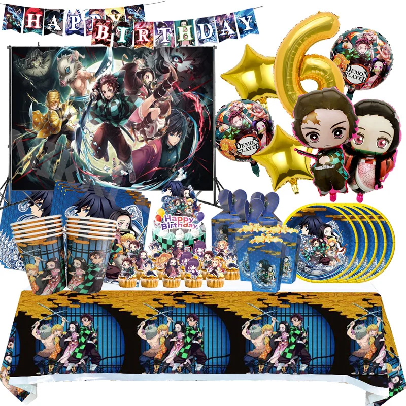 New Demon Slayer Birthday Decoration Tanjirou Kamado Balloons Party Supplies Disposable Tableware Plates Paper Cup Napkin Gifts