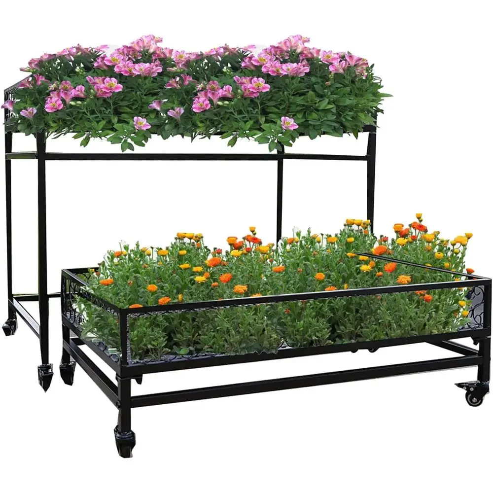2-Tier Rolling Metal Plant Stand - Ladder Style Pot Rack for Indoor & Outdoor Flower Displays