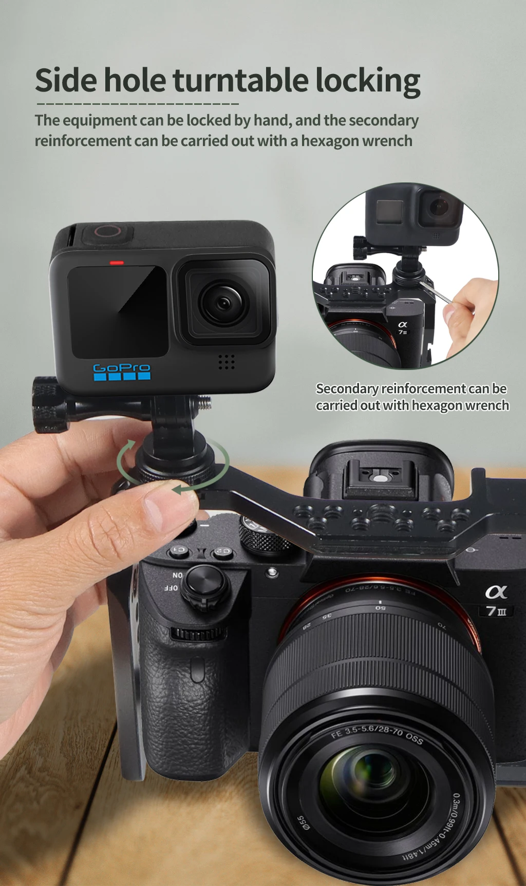 CNC 360 Schwenkbare Kaltschuh Basis Stativ Adapter Halterung für GoPro 13 12 11 DJI Action Kamera Käfig Monitor Lichter LED Halter Halterung – Detail 2