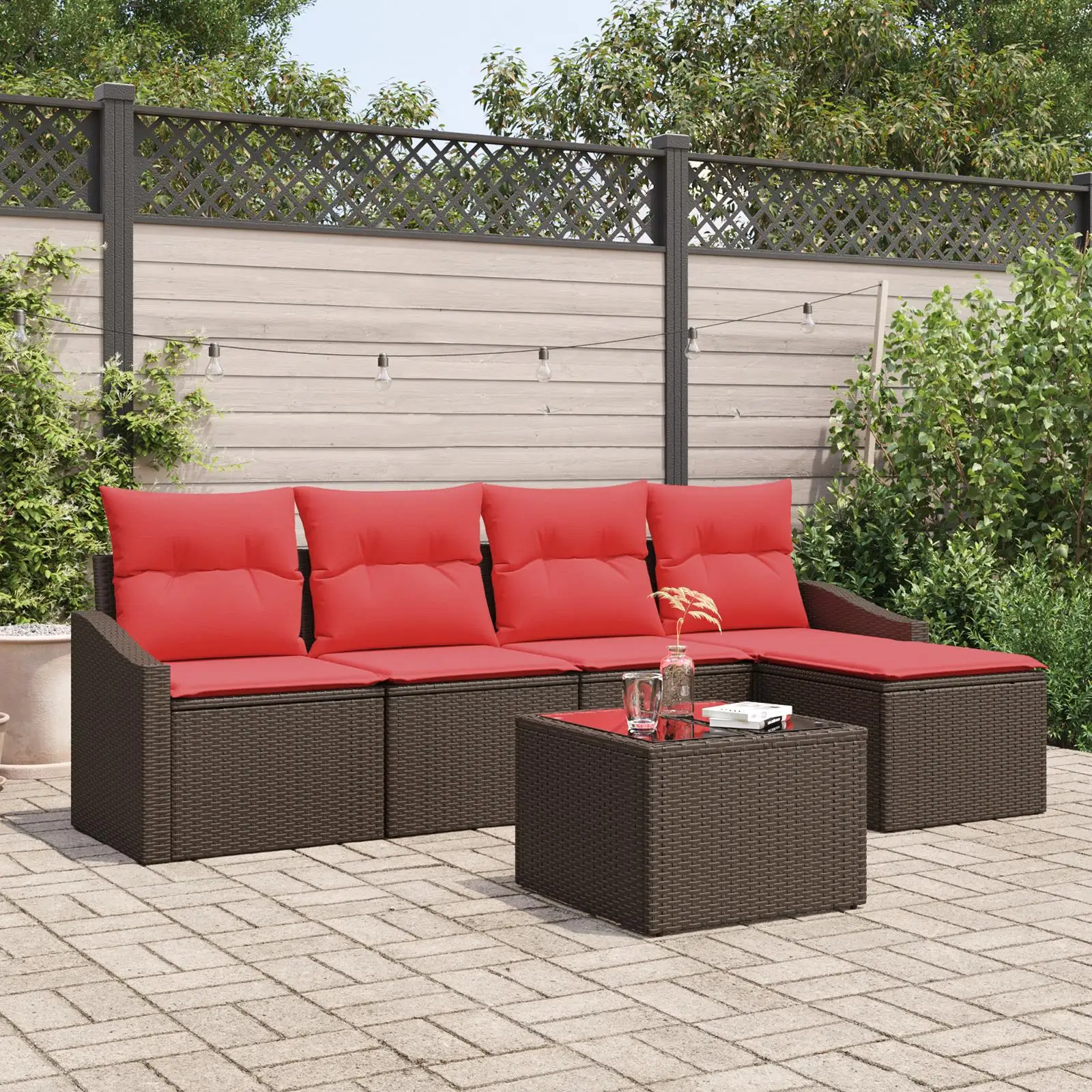 

6 Piece Outdoor Garden Sofa Set with Cushions Brown Rattan Furniture for Patio Yard Lawn