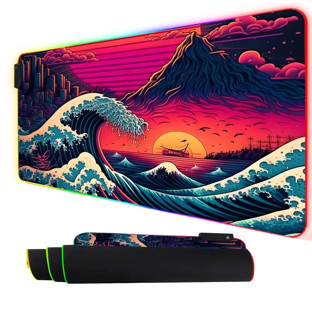 Alfombrilla de ratón RGB con colores de onda japonesa, pintura al óleo, alfombrilla LED brillante para juegos, alfombrilla de escritorio antideslizante de goma, accesorios para juegos, alfombrilla para teclado y ratón