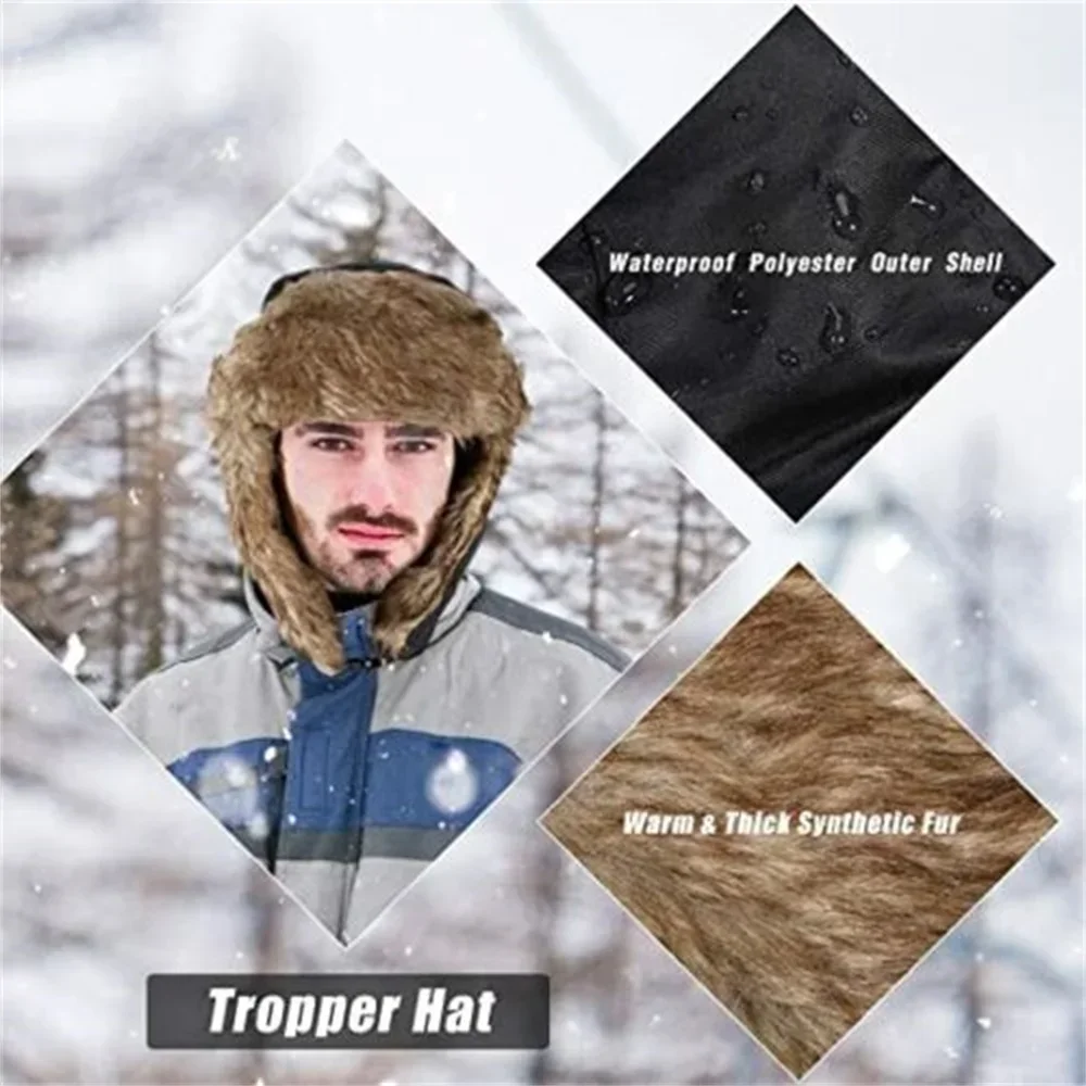 Men\'s Winter Trapper Aviator Trooper Earflap Warm Russian Waterproof Ski Hat Bomber Cap  Russian Warm Ear Protectors Hats