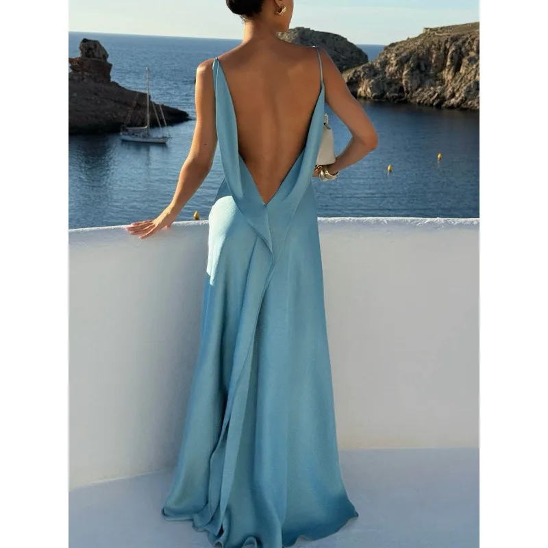 

Summer Fashion High Waist Split Party Dress 2025 New Elegant Solid Sling Femme Robe Sexy Sleeveless Backless A-Line Maxi Dresses