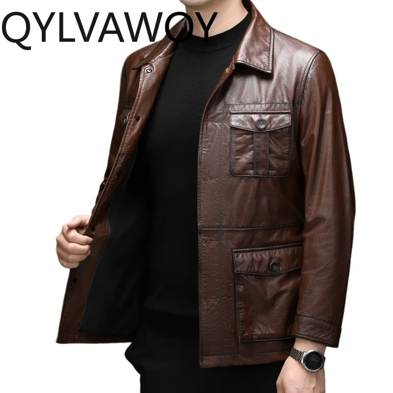 QYLVAWOY Cowhide Leather Jacket Men Real Leather Motorcycle Jacket Multi-pocket Stylish Jackets for Man Single-breasted  가죽점퍼