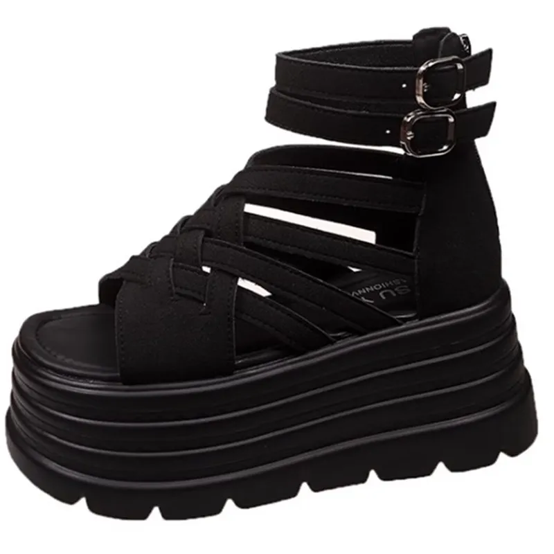 

Женские сандалии с высоким берцем из полой ткани, новинка 2023 года, лето, новый стиль, римские сандалии с увеличенным ртом 8 см