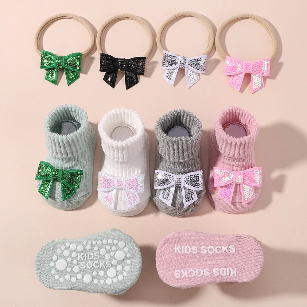 1Set 0-1Y Cartoon Baby Socks Hair Band Sets for Infant Toddler Non Slip Breathable Soft Short Socks Newborn Headband Gift