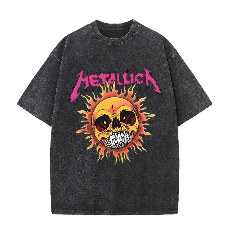 Metallica Flame Skull Grafikdruck Vintage Washed Black Casual Rock T-Shirt
