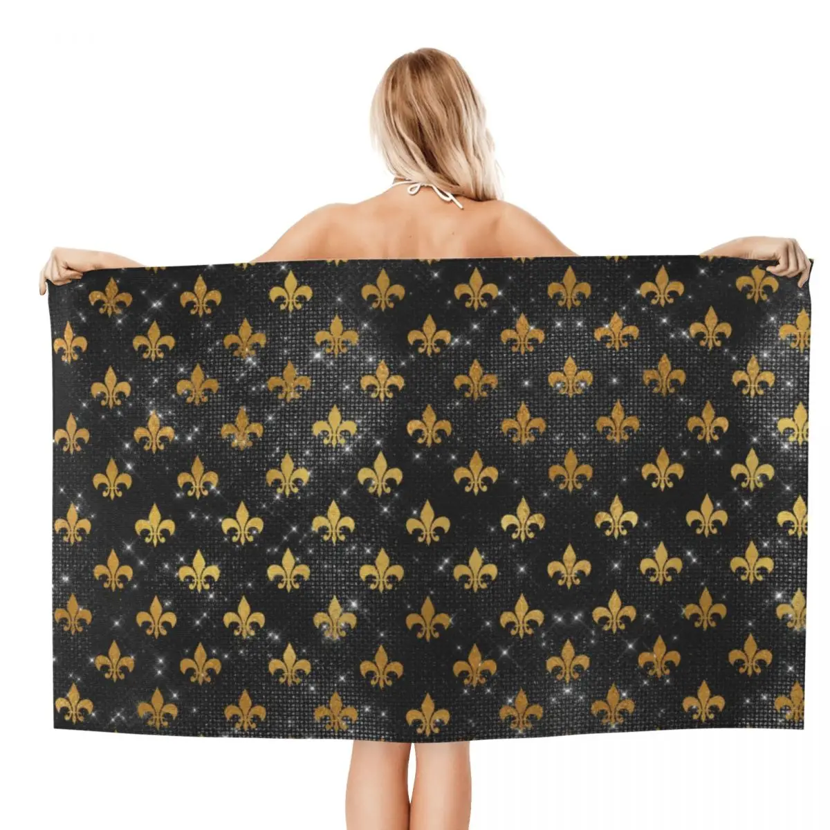 Elegant Black And Gold Fleur De Lis Beach Towel Quick Dry Fleur-De-Lys Lily Floral Soft Linen Microfiber Bath Sauna Towels