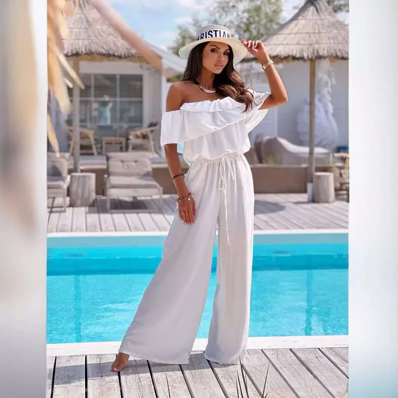 New One line Neck Short Sleeves Solid Color Waist Closing jumpsuit Long Pants Summer Style Commuter Off Shoulder jumpsuit