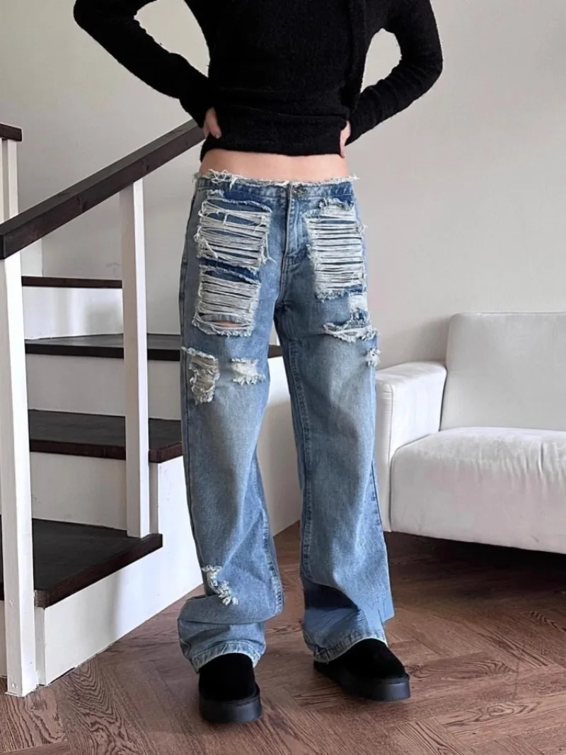 2024 nuovi Jeans blu con foro lavato per le donne Y2k Grunge pantaloni dritti in Denim a vita alta moda Vintage gamba larga allentata