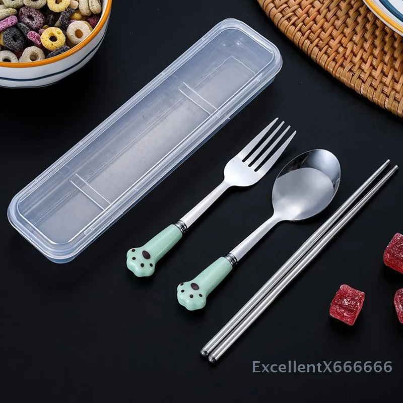 

Cat Claw Stainless Steel Tableware Set Portable Cutlery Fork Spoon Chopsticks Three-piece Suit With Box Travel Flatware Gift