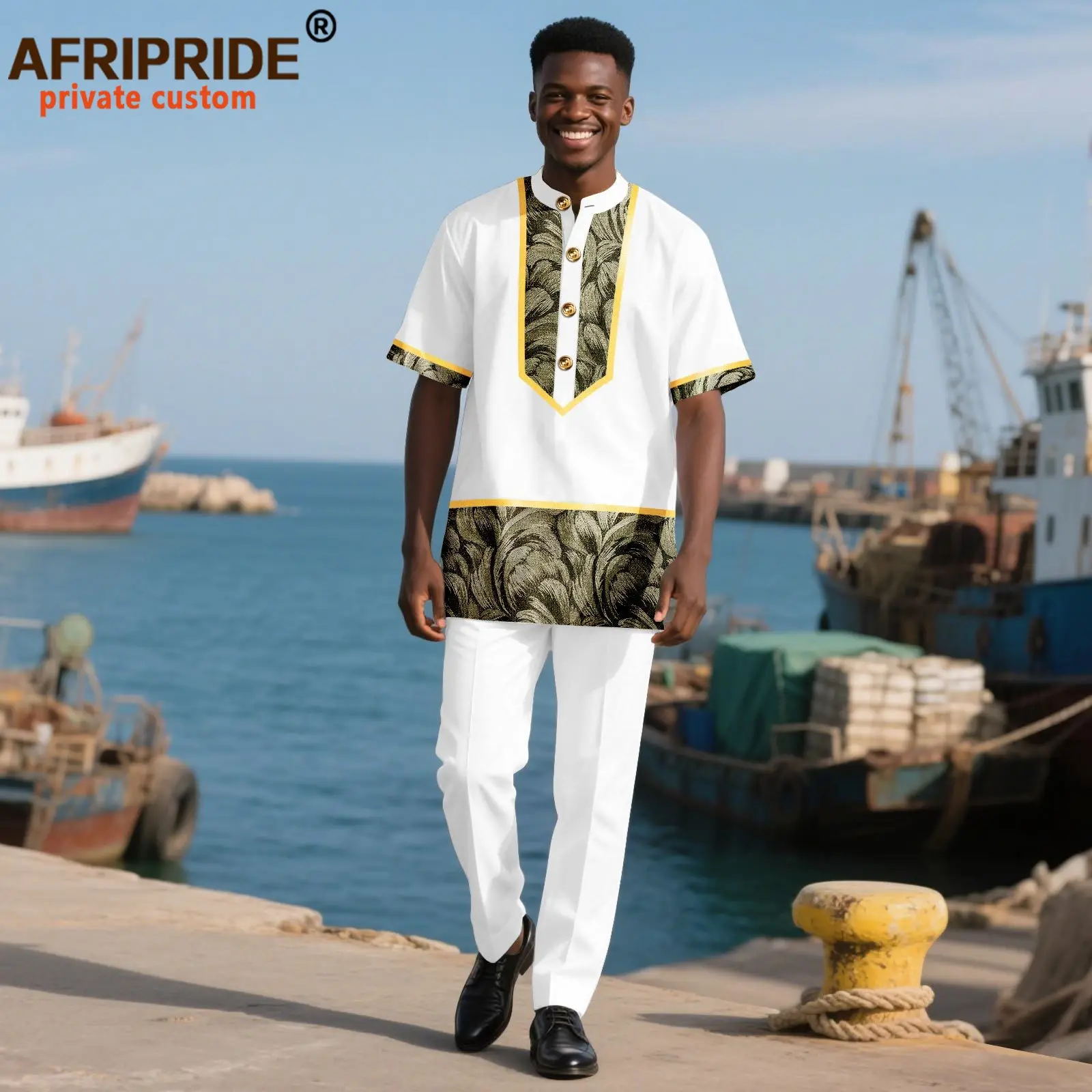 African Traditional Clothing for Men Half Sleeve Embroidery Single Breasted Shirts and Pants 2 Piece Set Dashiki Outfits 2516056