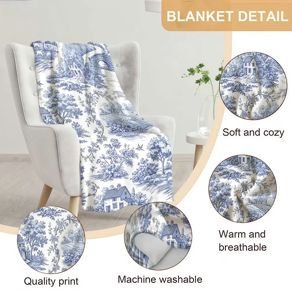 Blue Country Toile De Jouy Soft Warm Flannel Blanket Lightweight Cozy Christmas Halloween Home Decor Room