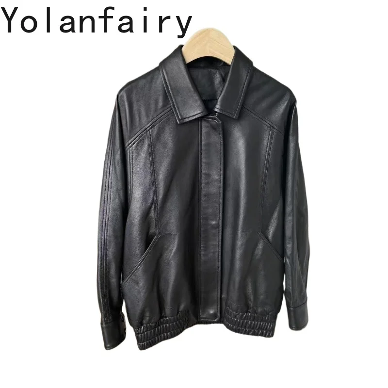 

YOLANFAIRY High Quality Real Sheepskin Leather Jacket Women 2026 Korean Fashion Leather Coat Woman Vintage Lapel Leather Jackets