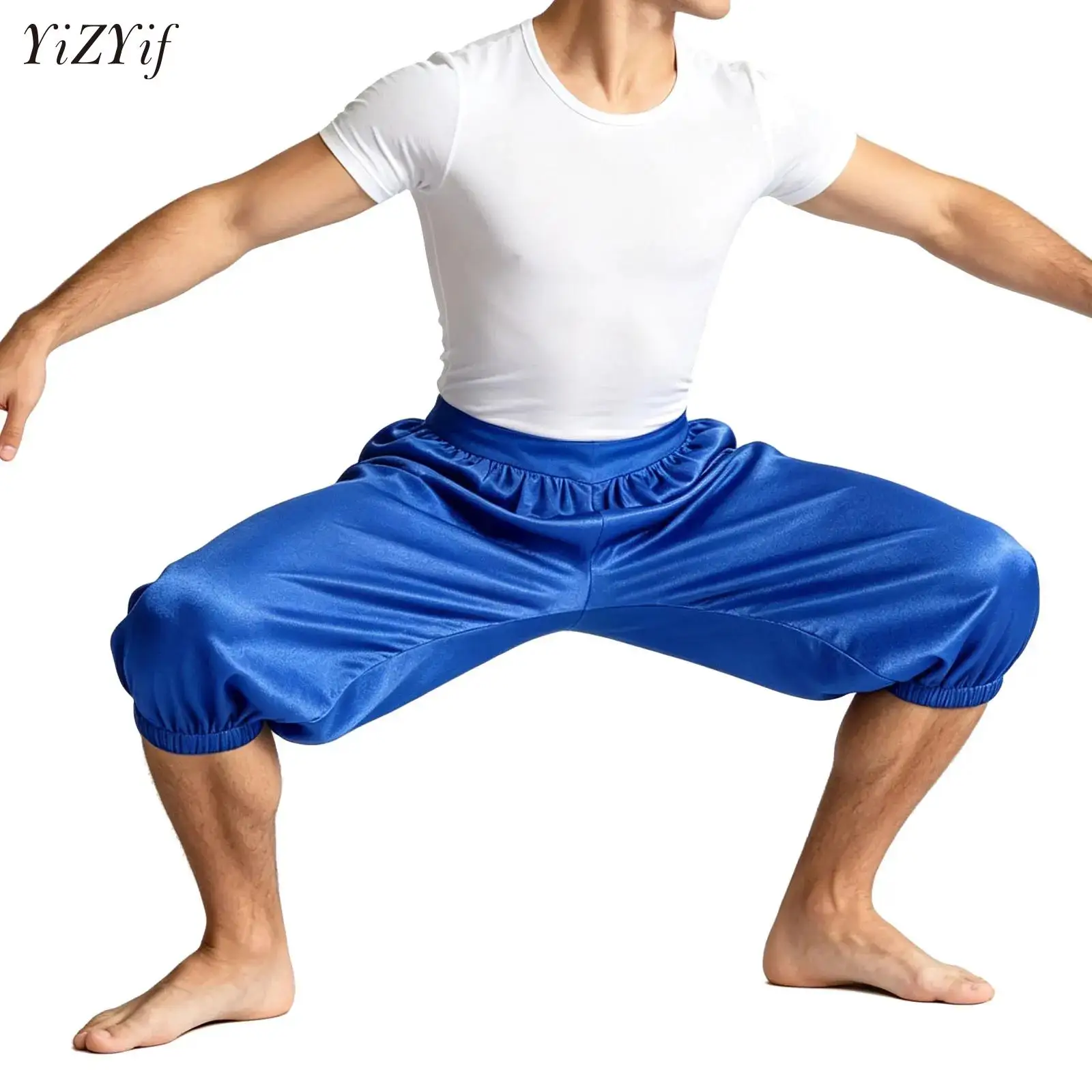 Men Medieval Capri Pants Glossy Solid High Waist Renaissance Pirate Lantern Pants for Christmas Halloween Carnival Party Cosplay