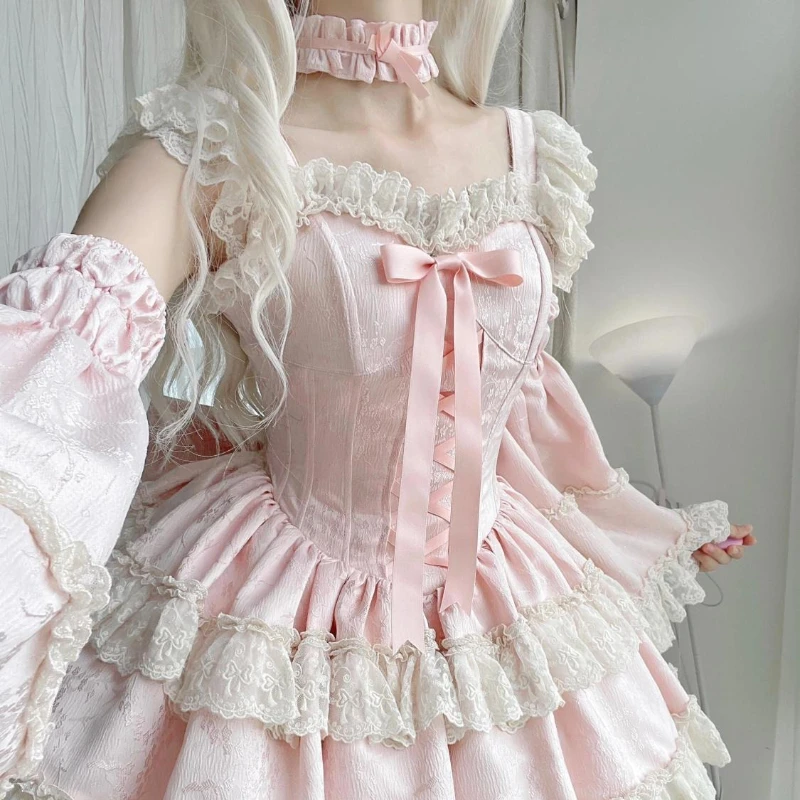 النمط الياباني الحلو لطيف فستان جرلي دعوى النساء Kawaii الخصر الربط الحمالات منتفخ فستان سليم بلا أكمام الوردي قطعتين مجموعة
