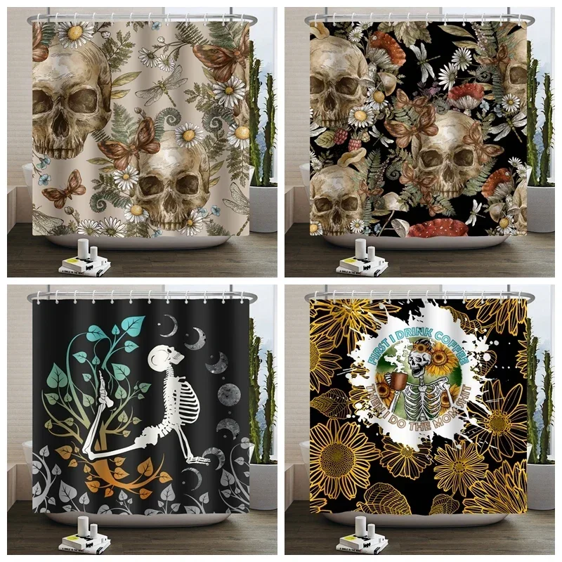 Floral Skull Shower Curtain Mushroom Gothic Halloween Bathroom Decor Curtain Skeleton Butterfly Vintage Artwork Bathtub Curtain
