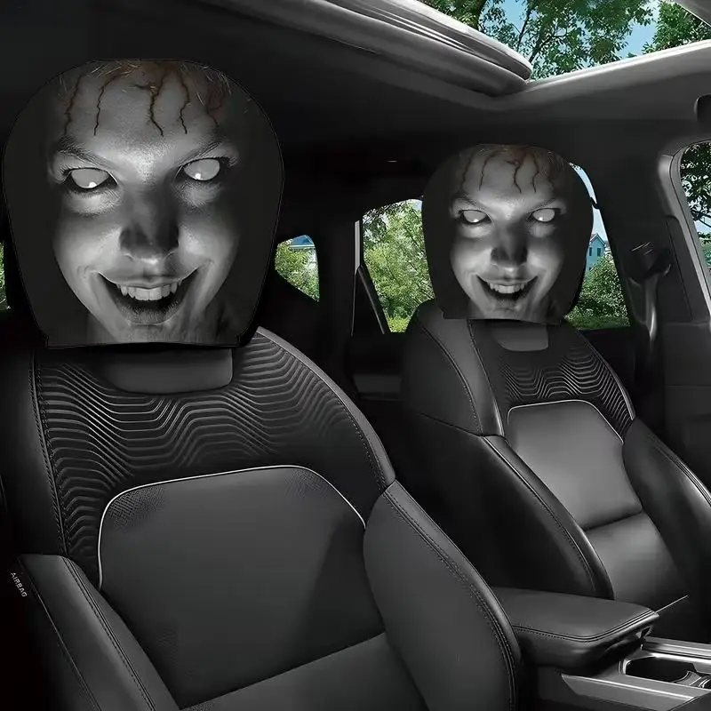 Car Headrest Cover 2 Piece Scary Face Pattern Automotive Seat Protector Cute Scary Face Pattern Cartoon Car Headrest Covers for view 4