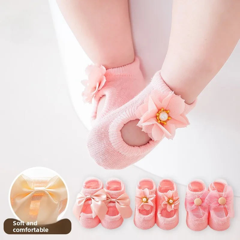 

3 пары милых детских носков для девочек, весенние, для новорожденных, с цветочным бантом, кружевные, нескользящие, для малышей, тапочки-носки