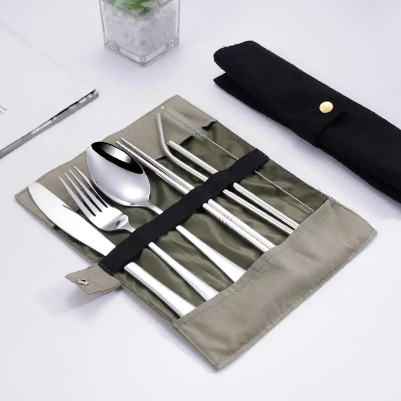 8Pcs/Set Tableware Travel Cutlery Set 430 Stainless Steel Spoon Fork Chopsticks Straw Brush Portable Case Camping Utensils