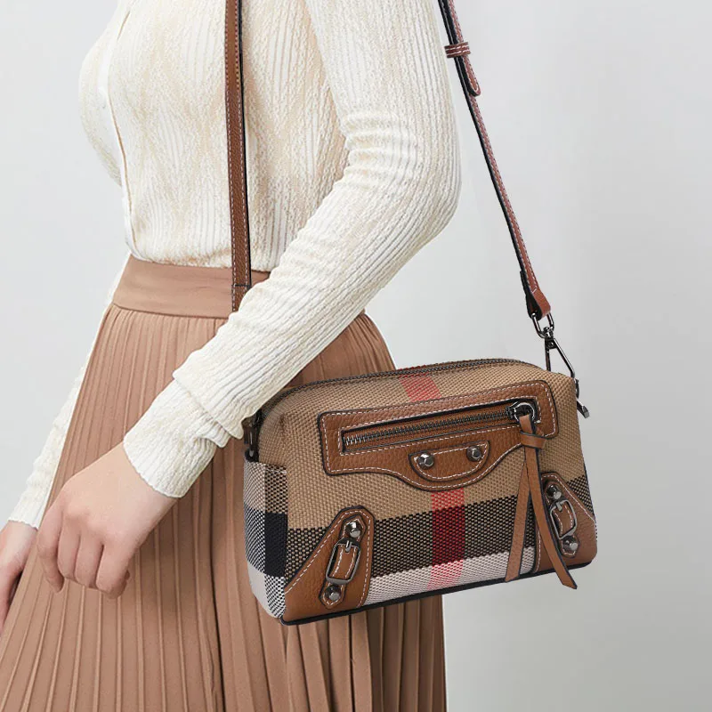 Aidrani Classic and quirky motorcycle bag, genuine leather women\'s checkered shoulder bag, retro square mini crossbody bag